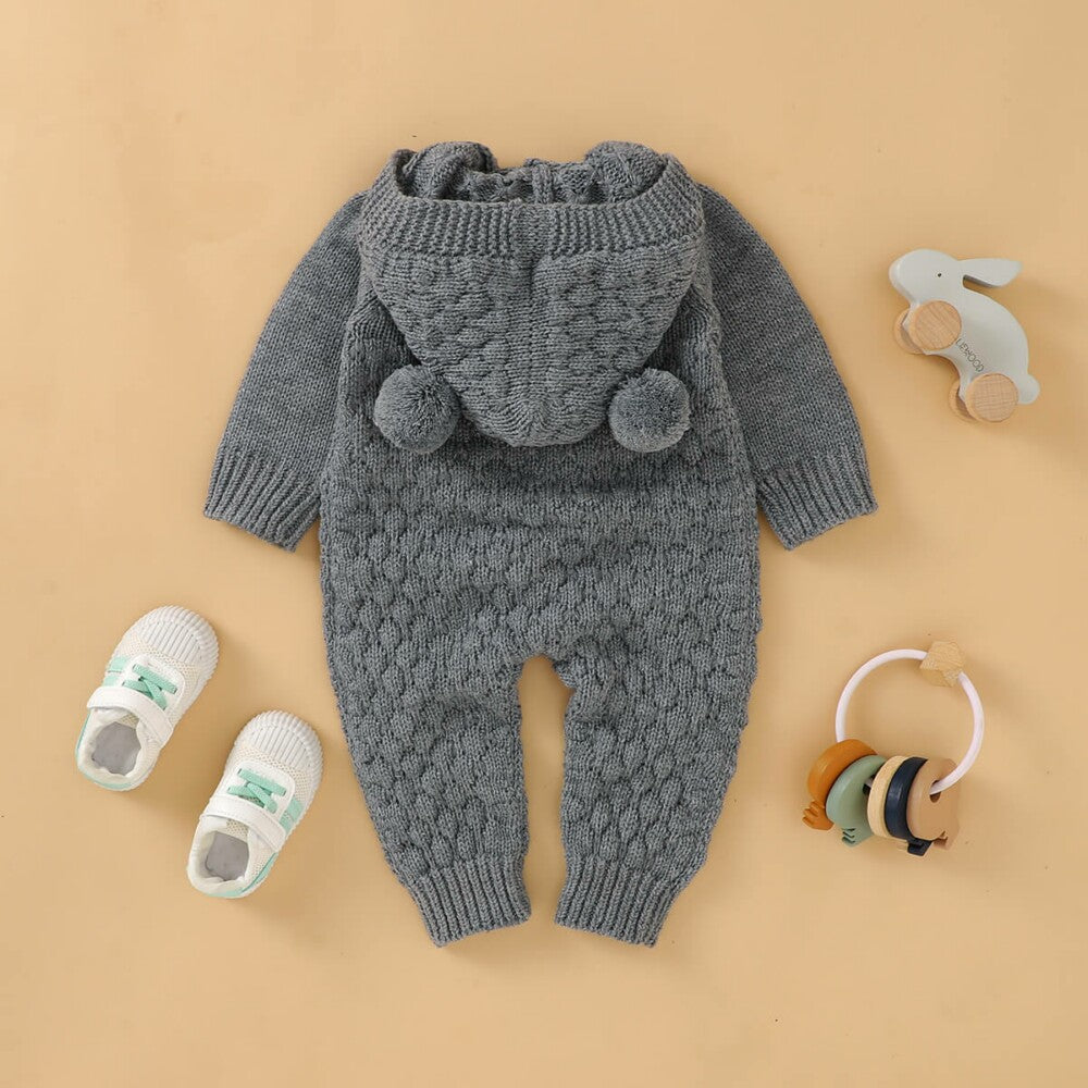 Furry Ball Hooded Knitted Baby Romper