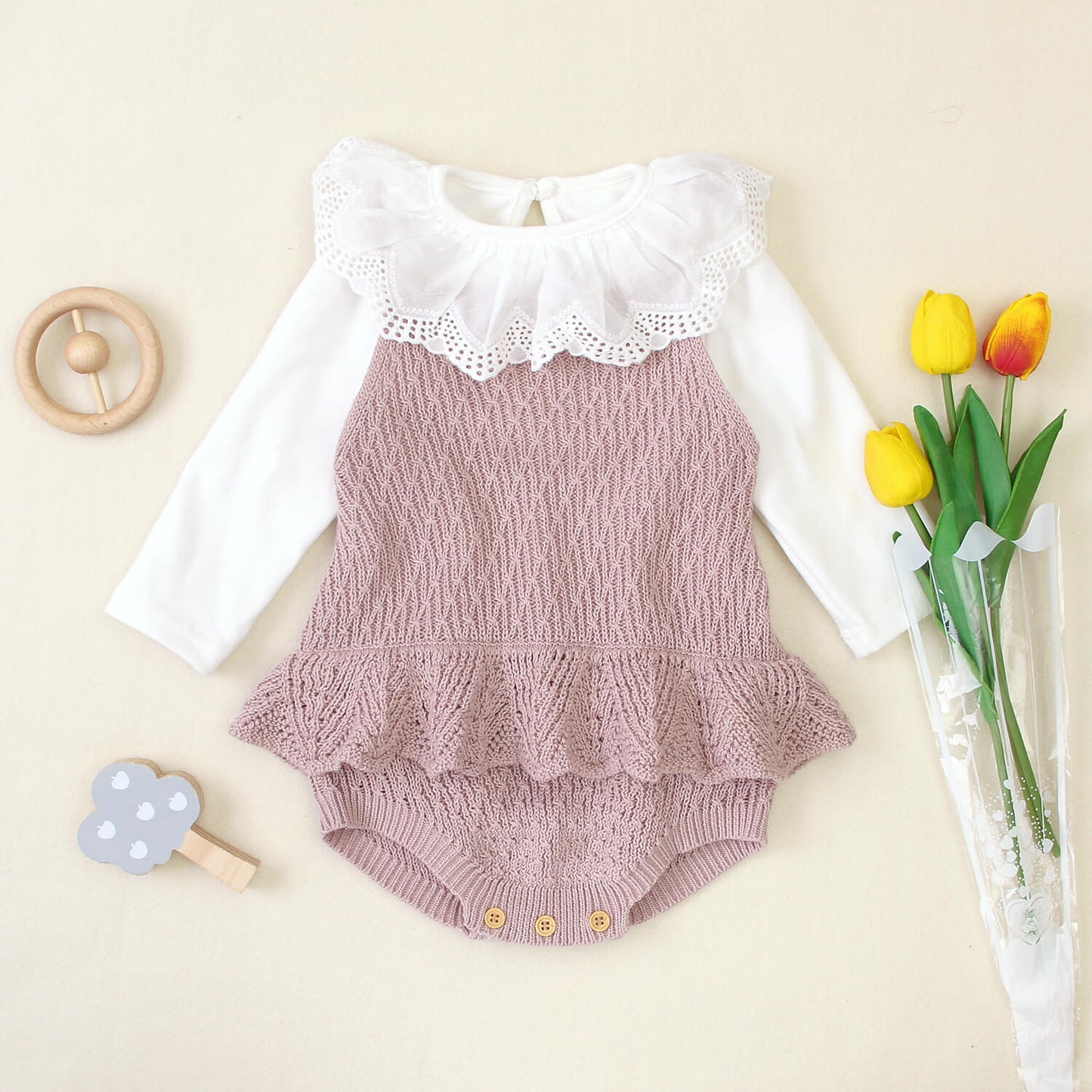 Knitted Cotton Lace-up Ruffled Romper
