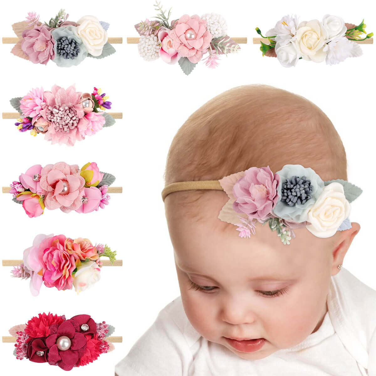 Artificial Flower Pearl Newborn Headbands