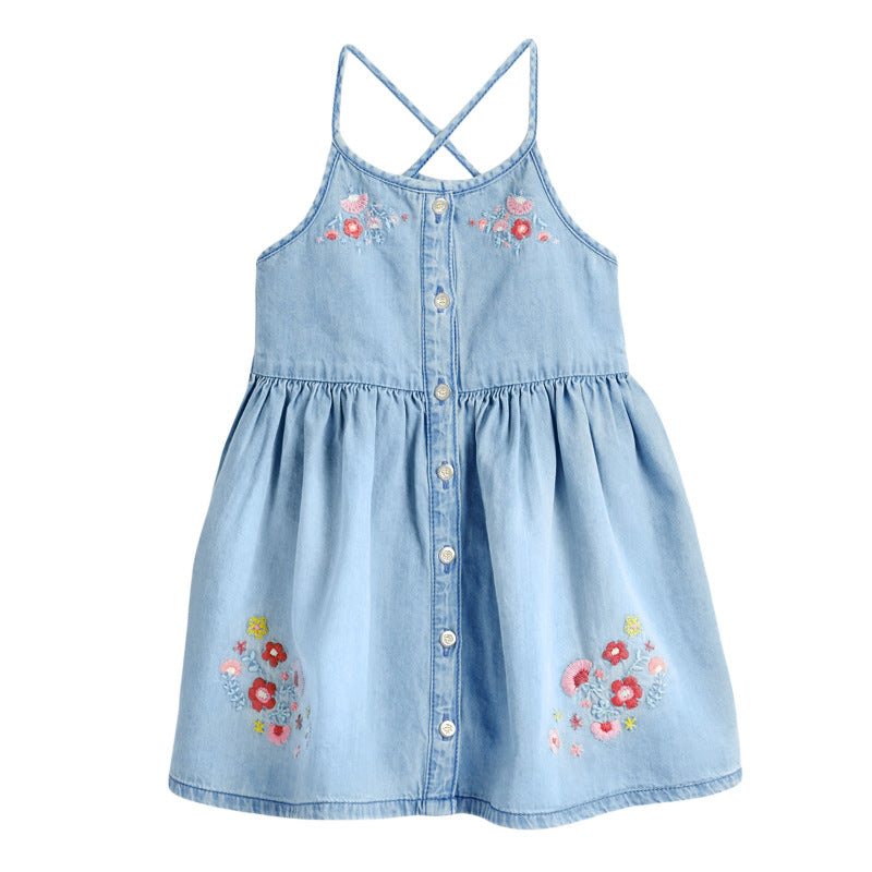 Cute Flower Little Girl Denim Dress