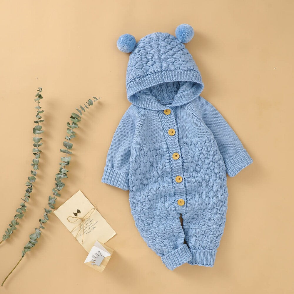 Furry Ball Hooded Knitted Baby Romper