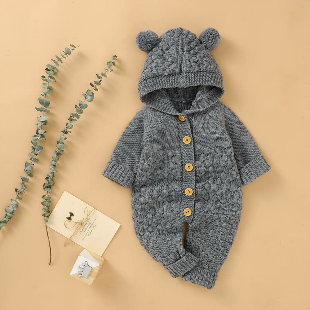 Furry Ball Hooded Knitted Baby Romper