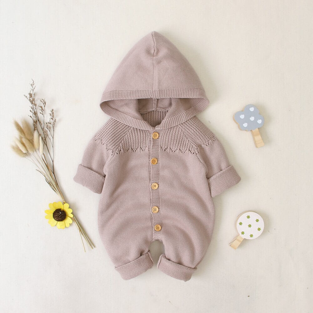 Light Color Hooded Knitted Baby Romper