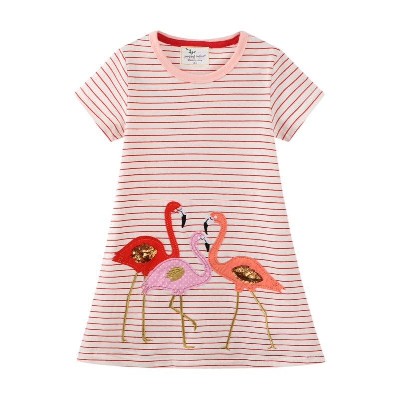 Cartoon Flamingo Striped Dress