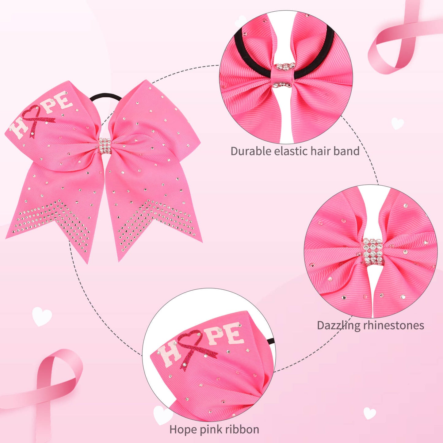 cnhairaccessories Breast Cancer Awareness Cheer Bow Glitter Hair Tie Ponytail Holder Rhinestone Pack