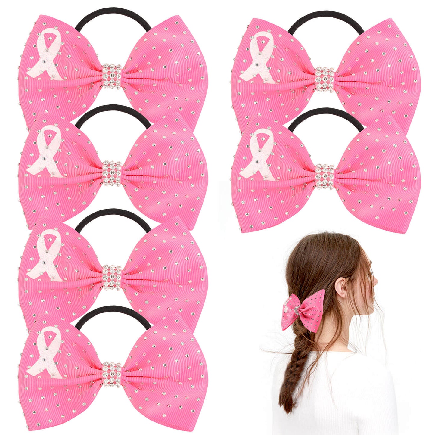 4.5'' Breast Cancer Rhinestone Bow Hair Ties