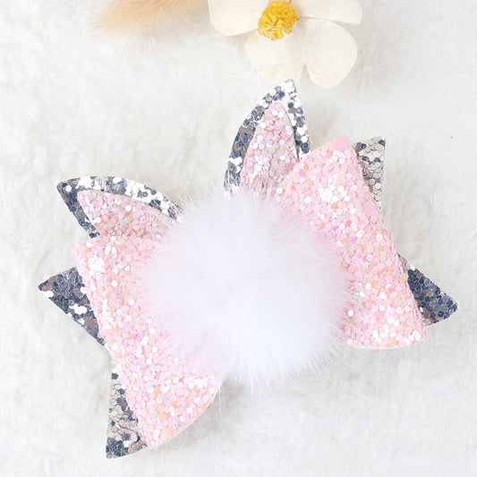 3'' Easter Glitter Hair Bow Bunny Tail Hair Clips