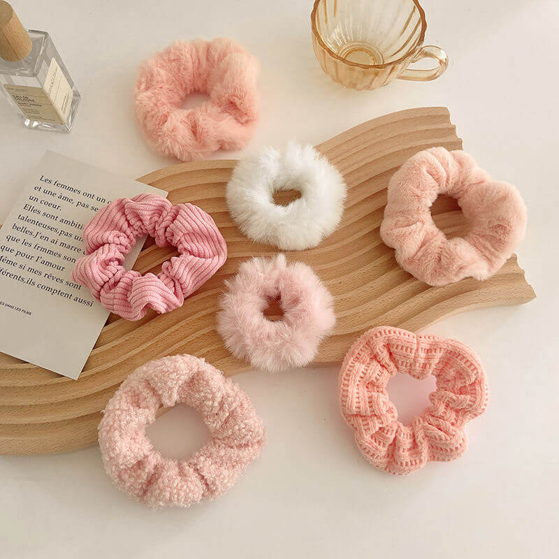 7PCS Pink Plush Hair Scrunchies Set