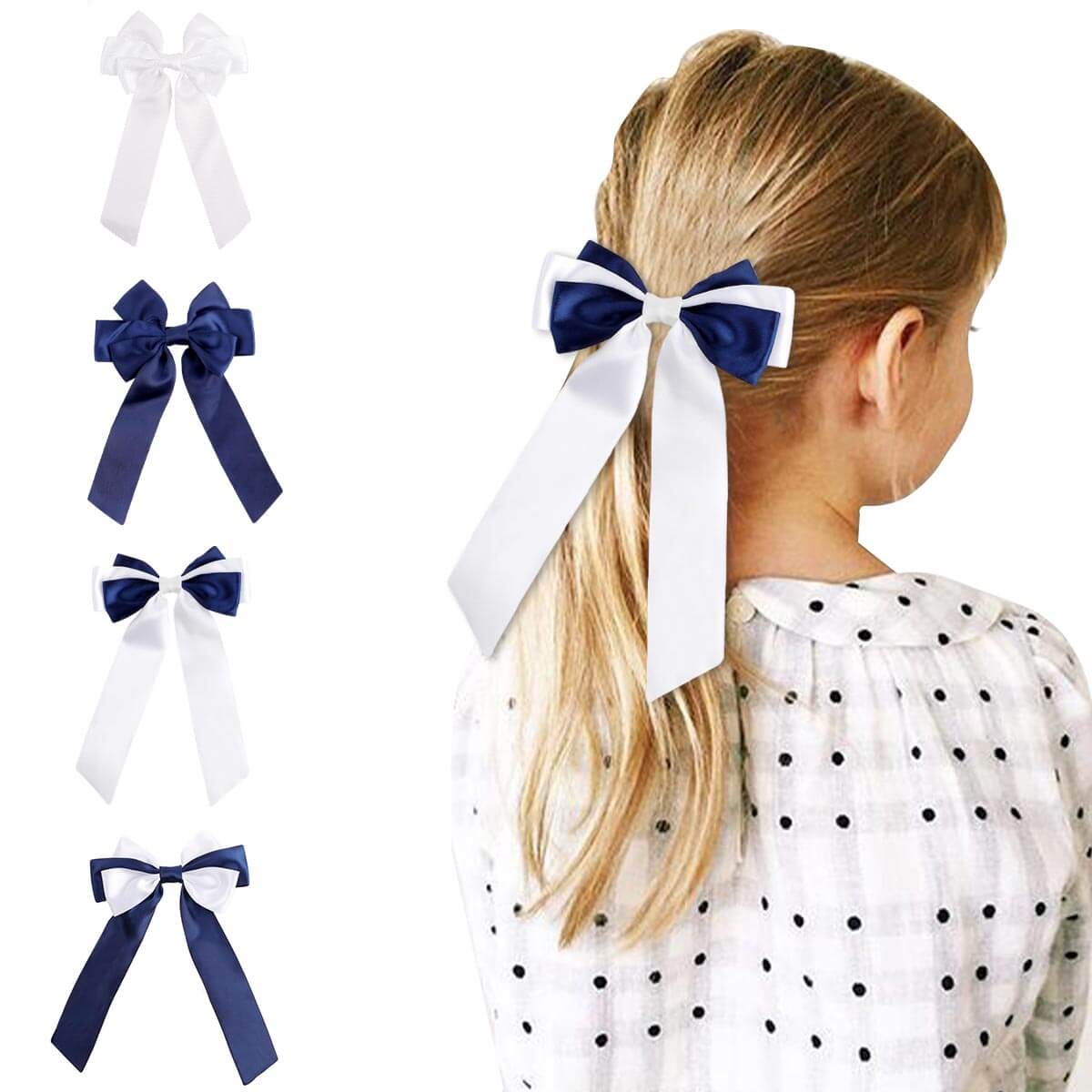 5.5'' White Navy Satin Hair Bows