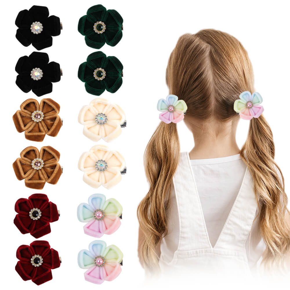 Velvet Flower Crystal Hair Clips for Girls