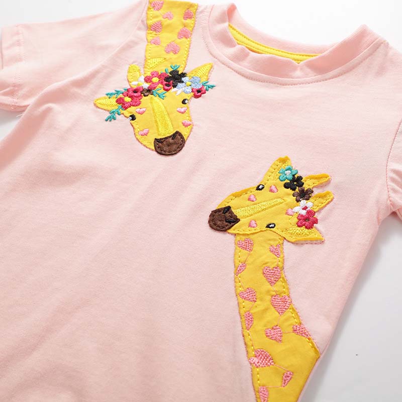 Cartoon Giraffe Pink Short Sleeve Tops